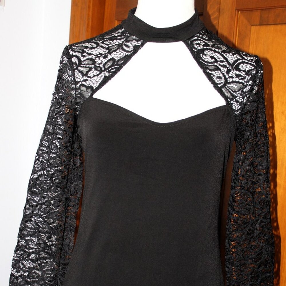 Express black top w/cut out chest, choker, sheer cut out sleeves & upper back.
